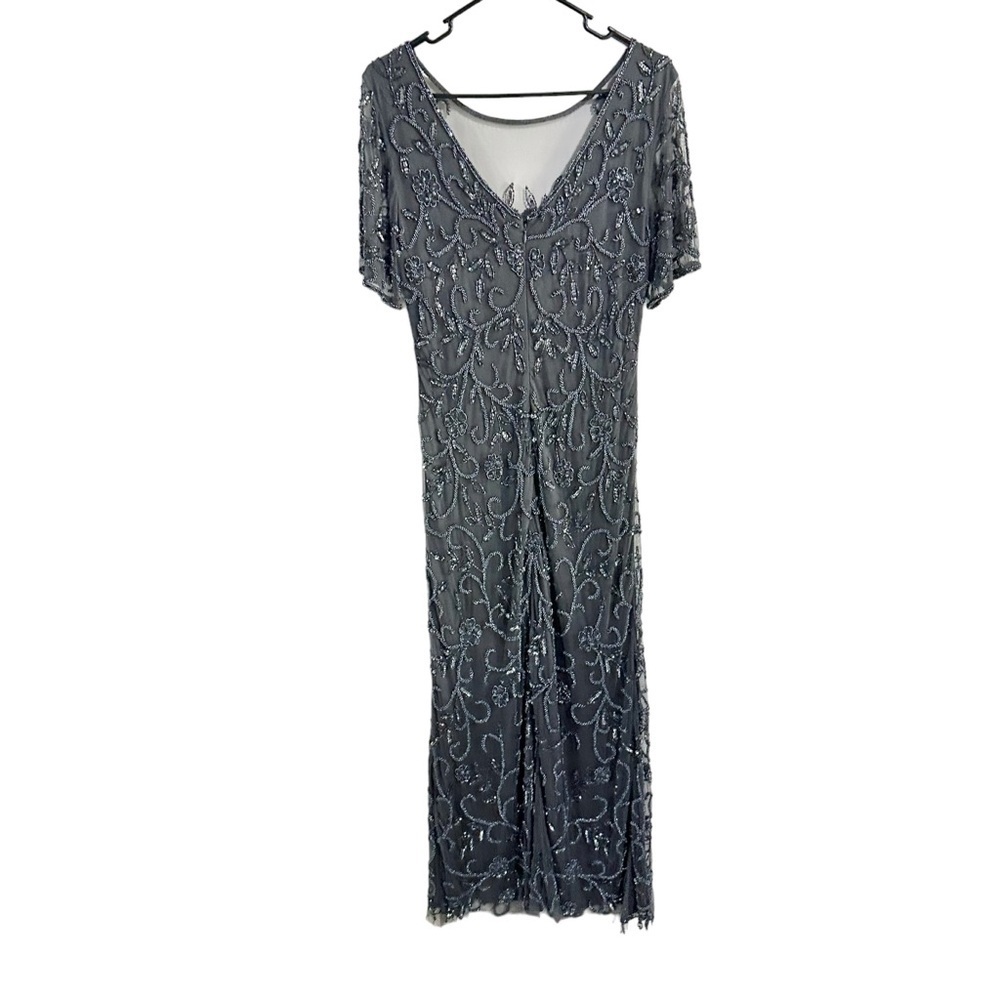 Pisarro Nights Beaded Mesh Column Short Sleeve V-Neck Gown in Slate Size 10 NWT - Picture 4 of 8